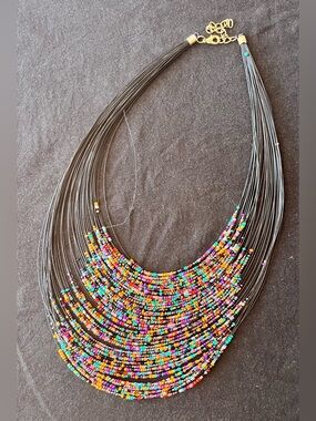 Multistrand Black Wire Necklace with Multicolor Seed Beads